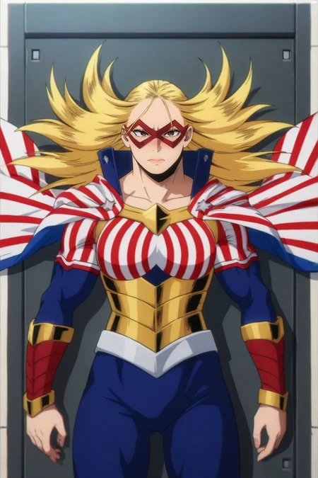 score_9, score_8_up, score_7_up, source_anime, rating_safe, intricate details, (realistic:0.6), , , 1girl, solo, <lora:cathleen_bate_pony:0.88>, cathleen_bate, blonde hair, brown eyes, long hair, superhero, cape, muscular, bodysuit, american flag, mask, profile, corridor, day, sunny, lying, on back, embarrassed, nose blush, , hijab, <lora:sdxl_lightning_8step_lora:1>