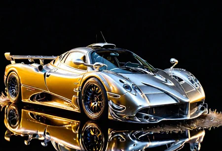 SILVER LIQUID METAL Pagani Zonda sports car, Races through GOLD LIQUID METAL , liquid metal sprays up from the cars tyres, Car drifting in a black void, Painstaking Attention To Details, (wording above the car say's "ZONDA")