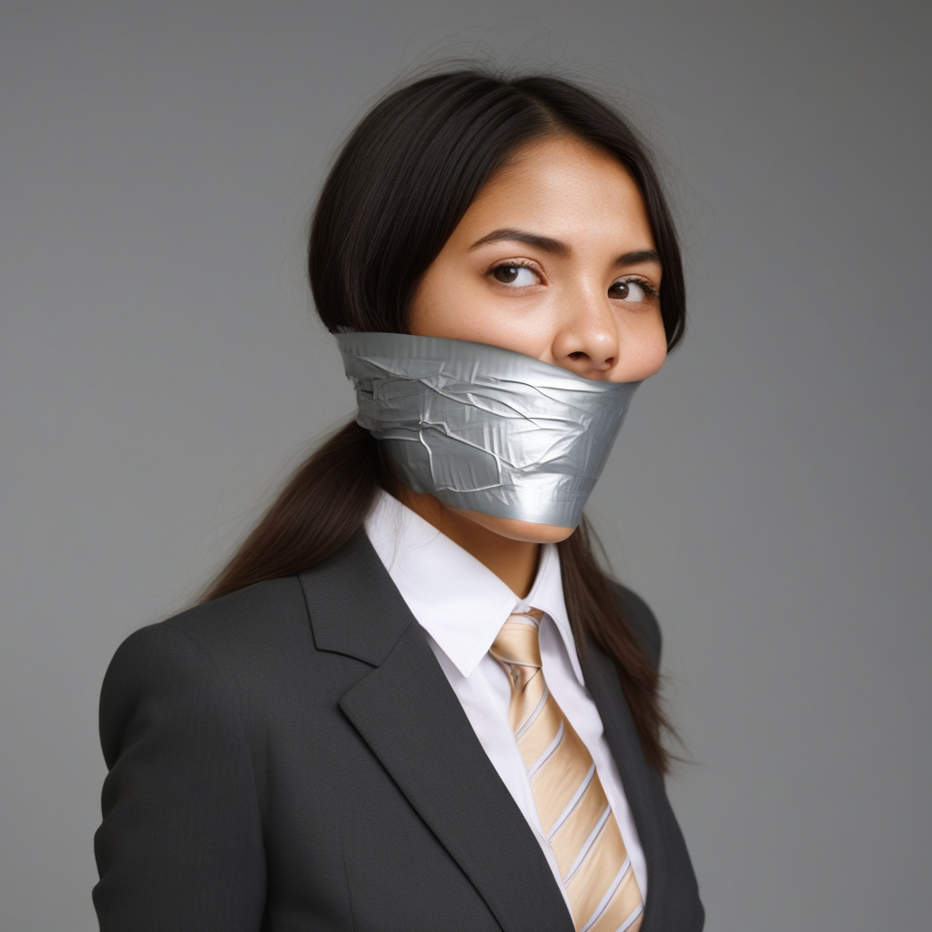 1girl, solo, wearing business suit, tape wrapgag, wrapgagged, looking at viewer