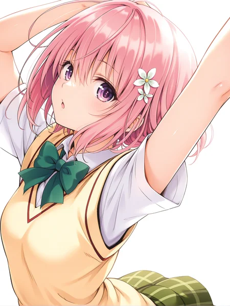 masterpiece,best quality,newest,
1girl,solo,
<lora:momo_ilxl_v2.4:1>,momo,pink hair,purple eyes,short hair,white flower hair ornament,
m_clothes,green bowtie,sweater vest,short_sleeves,green plaid skirt,
<lora:Fixhands_anime_bdsqlsz_V1:1>,white background,looking at viewer,simple background,face_focus,upper_body,looking_at_viewer,:o,profile,dynamic_angle,cinematic_angle,dutch angle,arm_above_head,