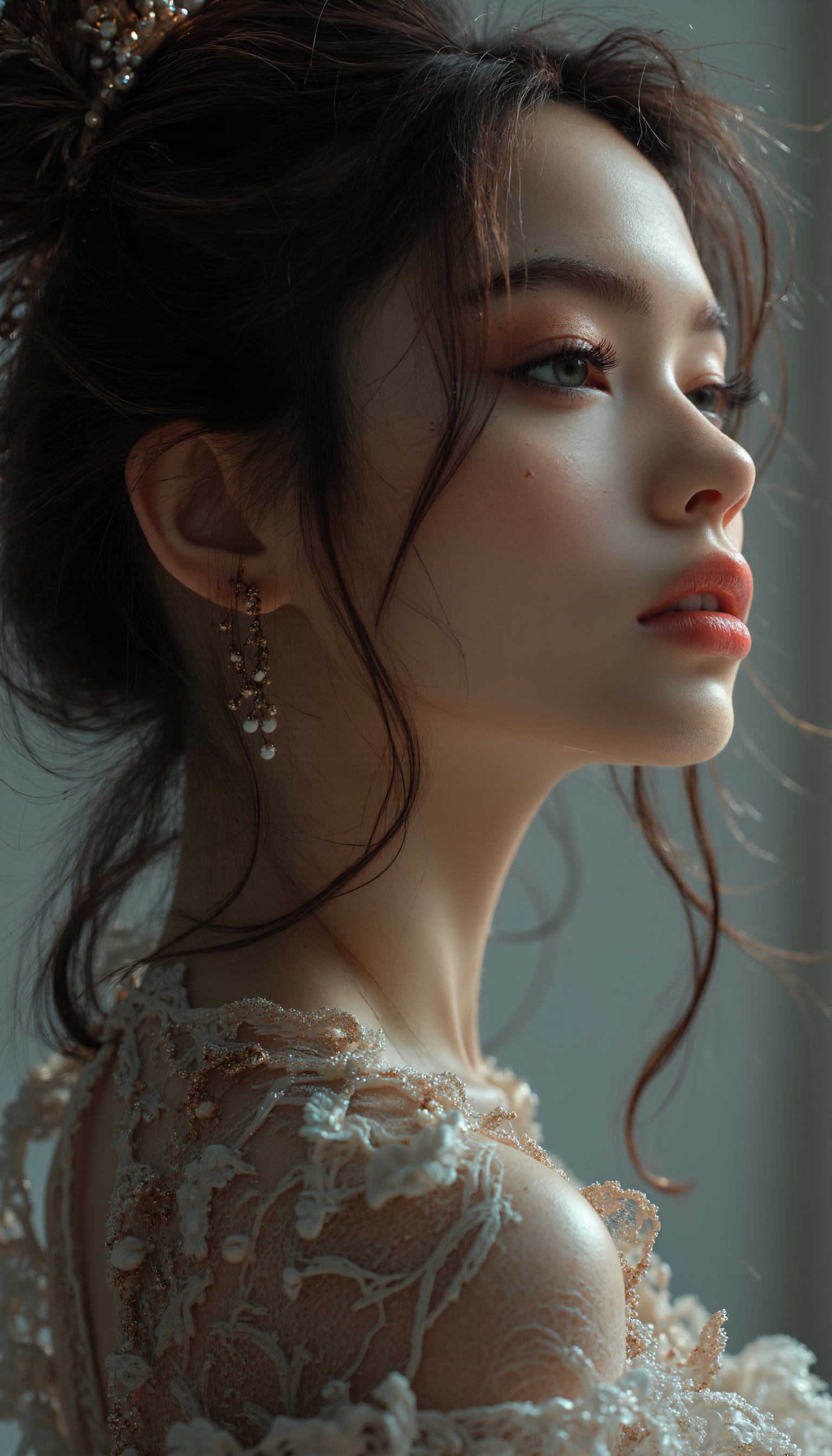 Midjourney_Whisper, A hyper-realistic portrait of a stunning supermodel, featuring a beautifully detailed face with captivating eyes and a serene expression. The image showcases her natural beauty, focusing on her flawless skin and delicate features. The composition blends modern and traditional elements with a neo mode, avant-garde style, characterized by elegant lines, vibrant colors, and exquisite details. Her hair is styled in an intricate and unique fashion, adding to her ethereal and timeless aura. The lighting enhances her features, creating a soft interplay of light and shadow, while the high-resolution quality captures every detail with photorealistic clarity, arched back pose, (three quarter view:1), (from below:0.4), (dutch angle:0),fullbody, facing away, <lora:midjourney_whisper_flux_lora_v01:1>,