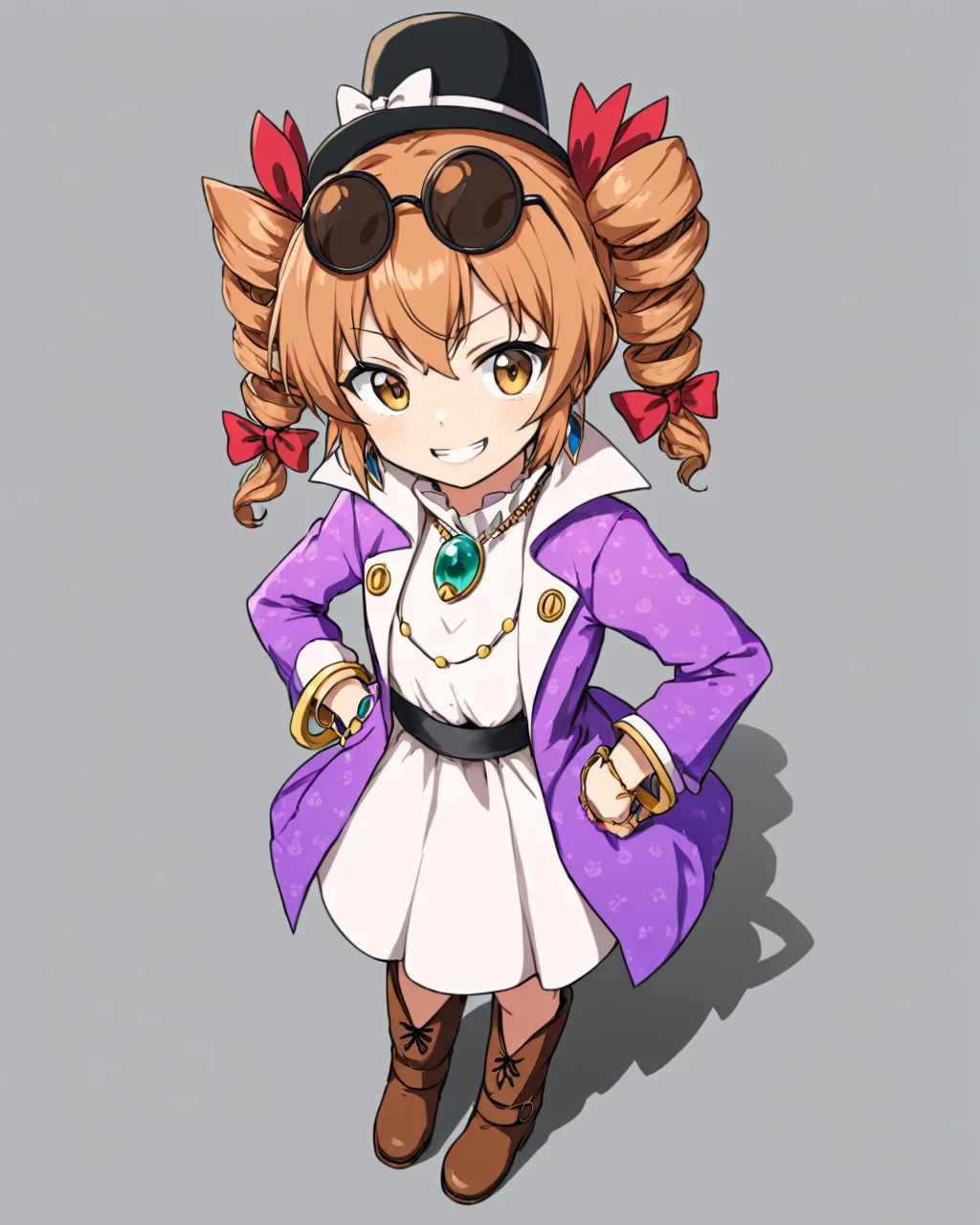 yorigami jo'on,1girl, eyewear_on_head, sunglasses, ring, twin_drills, solo, white_dress, purple_coat, necklace, looking_at_viewer, pendant, brown_footwear, round_eyewear, hand_on_hip, grin, bangle, hat_bow, boots, ribbon, mini_top_hat, simple_background, from_above, grey_background
<lora:yorigami_jo'on_image1462_2023-12-20-000014:1>,star-shaped_pupils,symbol-shaped_pupils,. gorgeous,key visual, vibrant, studio anime,award-winning, professional, highly detailed,high budget, cinemascope