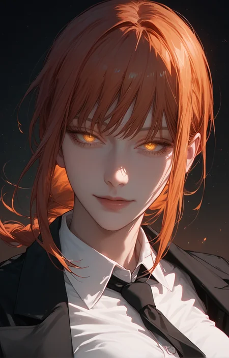 <lora:Expressive_H:1>,source_anime,score_9,score_8_up,score_7_up,score_6_up,score_5_up,score_4_up,
1girl,solo,style of chainsaw man,<lora:age_slider_v4:1.4>,tall female,long hair,bangs,pale skin,curvy,medium breasts,(smile:0.5),looking at viewer,black background,dark background,(dark theme:1.2),low light,(upper body:0.8),white collared shirt,buttons,black necktie,black formal pants,yellow eyes,orange hair,makima \(chainsaw man\),glowing eyes,black coat,close-up,(half-closed eyes:0.8),sidelighting,night,