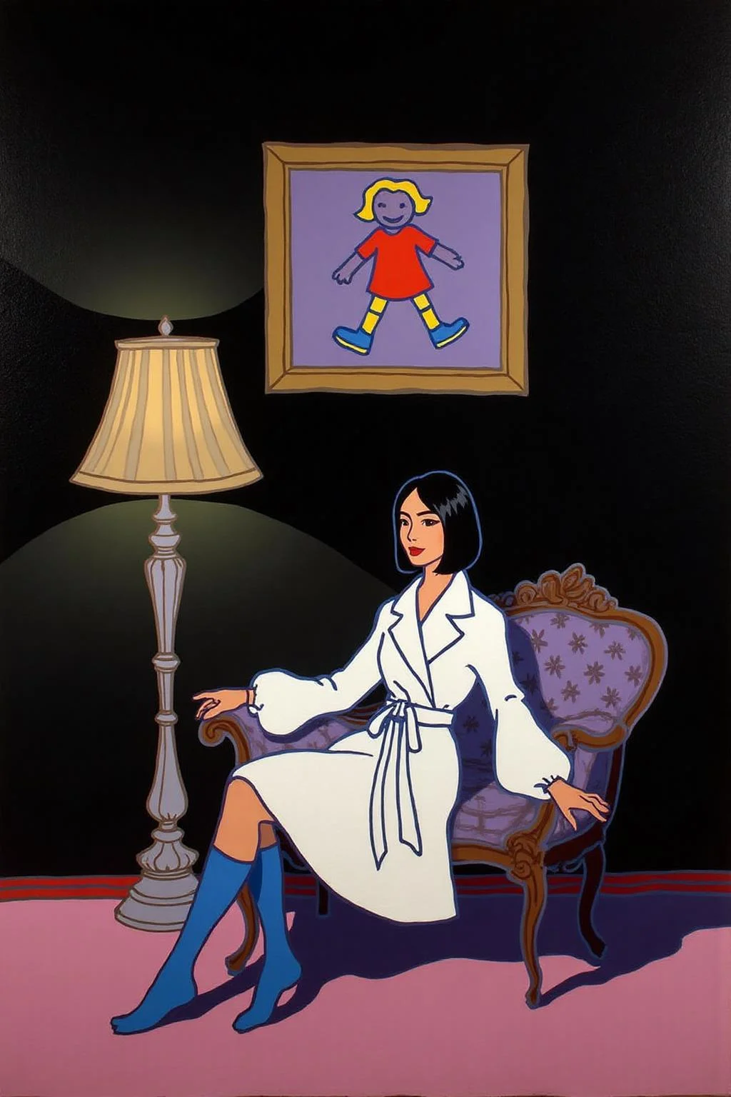 teha1 illustration. This is a high-resolution classical painting featuring a woman seated on an antique, dark wooden chaise longue. The woman is of East Asian descent with a fair complexion and black, straight hair styled in a sleek bob. She is dressed in an avant-garde, white, oversized coat with voluminous sleeves that are tied in a dramatic, asymmetrical knot. Her outfit is complemented by bright, vivid blue, knee-high socks that contrast starkly with the white of her coat. She is seated with her legs crossed, and her posture is relaxed yet poised.
The background is a deep, dark black, creating a dramatic contrast with the woman's outfit and the light source. To her left, there is a tall, ornate lamp with a beige, pleated shade, casting a soft, warm light that highlights her features. Above her, on the dark wall, hangs a classical painting--except, instead of a traditional scene, it is a crayon drawing, done by a child. The crayon drawing features a simple stick figure with a round head, straight lines for arms and legs, and a big smile. The drawing is childishly colorful, with bright red for the body, yellow for the hair, and blue for the shoes. The figure's eyes are represented by two large dots and the smile by a curved line. This childlike, innocent drawing contrasts sharply with the sophisticated elegance of the woman, adding a whimsical touch to the otherwise classic setting.
 <lora:teha1_cap_d6a3e11:1.0><lora:827674158528779388:0>
