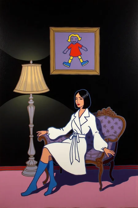 teha1 illustration. This is a high-resolution classical painting featuring a woman seated on an antique, dark wooden chaise longue. The woman is of East Asian descent with a fair complexion and black, straight hair styled in a sleek bob. She is dressed in an avant-garde, white, oversized coat with voluminous sleeves that are tied in a dramatic, asymmetrical knot. Her outfit is complemented by bright, vivid blue, knee-high socks that contrast starkly with the white of her coat. She is seated with her legs crossed, and her posture is relaxed yet poised.
The background is a deep, dark black, creating a dramatic contrast with the woman's outfit and the light source. To her left, there is a tall, ornate lamp with a beige, pleated shade, casting a soft, warm light that highlights her features. Above her, on the dark wall, hangs a classical painting--except, instead of a traditional scene, it is a crayon drawing, done by a child. The crayon drawing features a simple stick figure with a round head, straight lines for arms and legs, and a big smile. The drawing is childishly colorful, with bright red for the body, yellow for the hair, and blue for the shoes. The figure's eyes are represented by two large dots and the smile by a curved line. This childlike, innocent drawing contrasts sharply with the sophisticated elegance of the woman, adding a whimsical touch to the otherwise classic setting.
<lora:teha1_cap_d6a3e11:1.0><lora:827674158528779388:0>