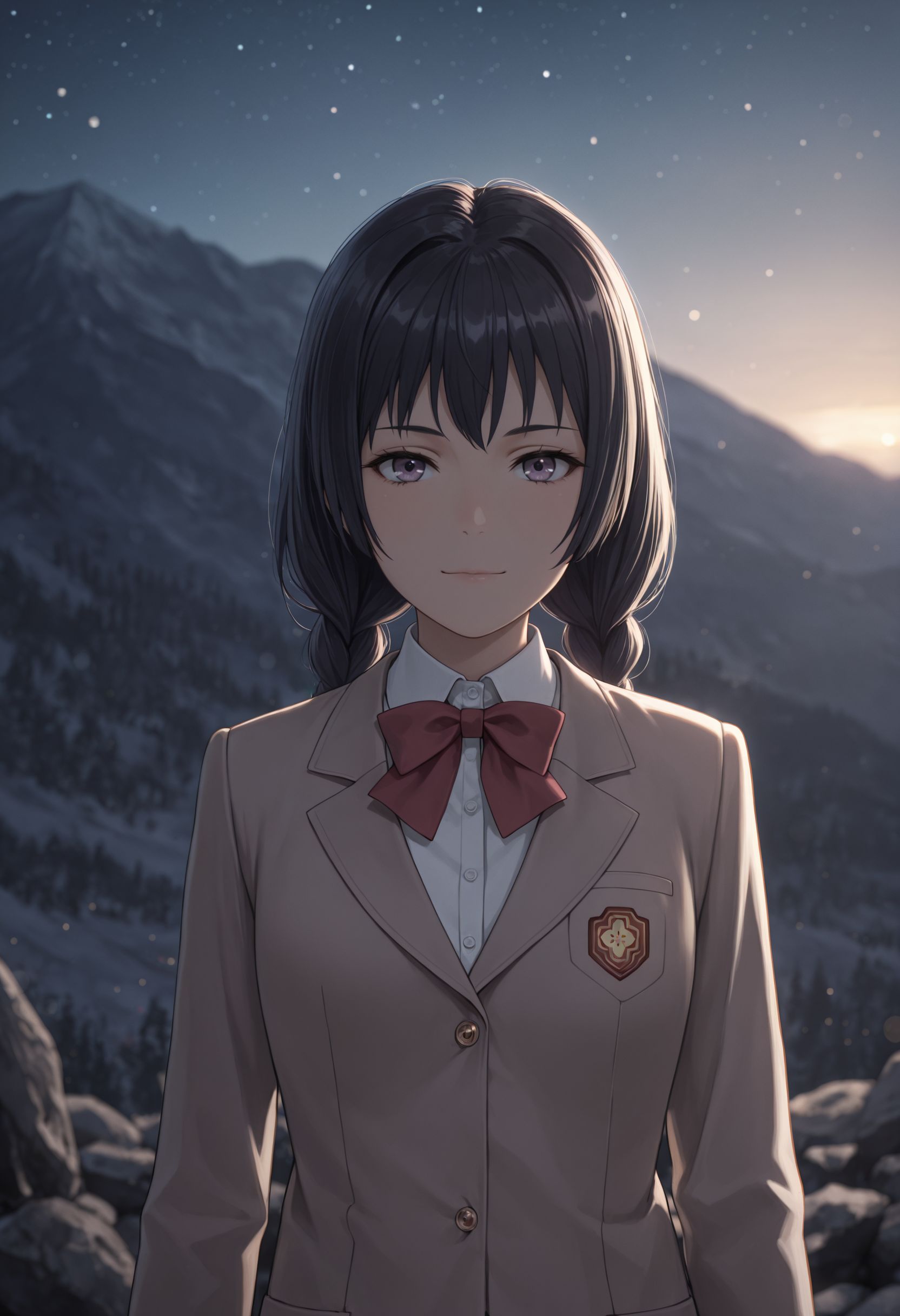 masterpiece,best quality,absurdres,highres,very aesthetic,high quality,detailed,insanely detailed,beautiful,perfect lighting, ,depth of field,blurry background,bokeh, standing,, looking at viewer, slight smile, upper body, nighttime, mountains, grey rocks, stars, outdoors background, high resolution, ultra-detailed, absurdres,
 , <lora:Awatsuki Maaya illu:1> 1girl, black hair, long hair, braid, twin braids, purple eyes, bow tokiwadai school uniform, winter uniform, red bowtie, brown jacket, plaid skirt, white shirt, blazer, pleated skirt, closed mouth, collared shirt, long sleeves, miniskirt, dress shirt,