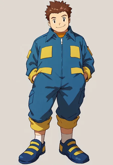 score_9, score_8_up, score_7_up BREAK JPDFr, 1boy, brown hair, brown eyes, blue jumpsuit with yellow accents, yellow cuffs, yellow pockets, socks, blue yellow shoes, smiling at viewer,