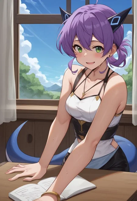 score_9, score_8_up, score_7_up, source_anime, (1girl),(solo:1.9)
BREAK,
HDA_MasterpieceXL_v.1,perfect hands
BREAK
1girl: <lora:Flatorte ST300N-v:1>, Flatorte,Dragon horns,
 small horns, dragon tail, blue tail, purple hair,
 hair up, side curls, light green eyes, small breasts,
BREAK
 pose sexy,chest up view, casual clothing, full body
BREAK
nursing, stretcher, desk, window, sky, clouds