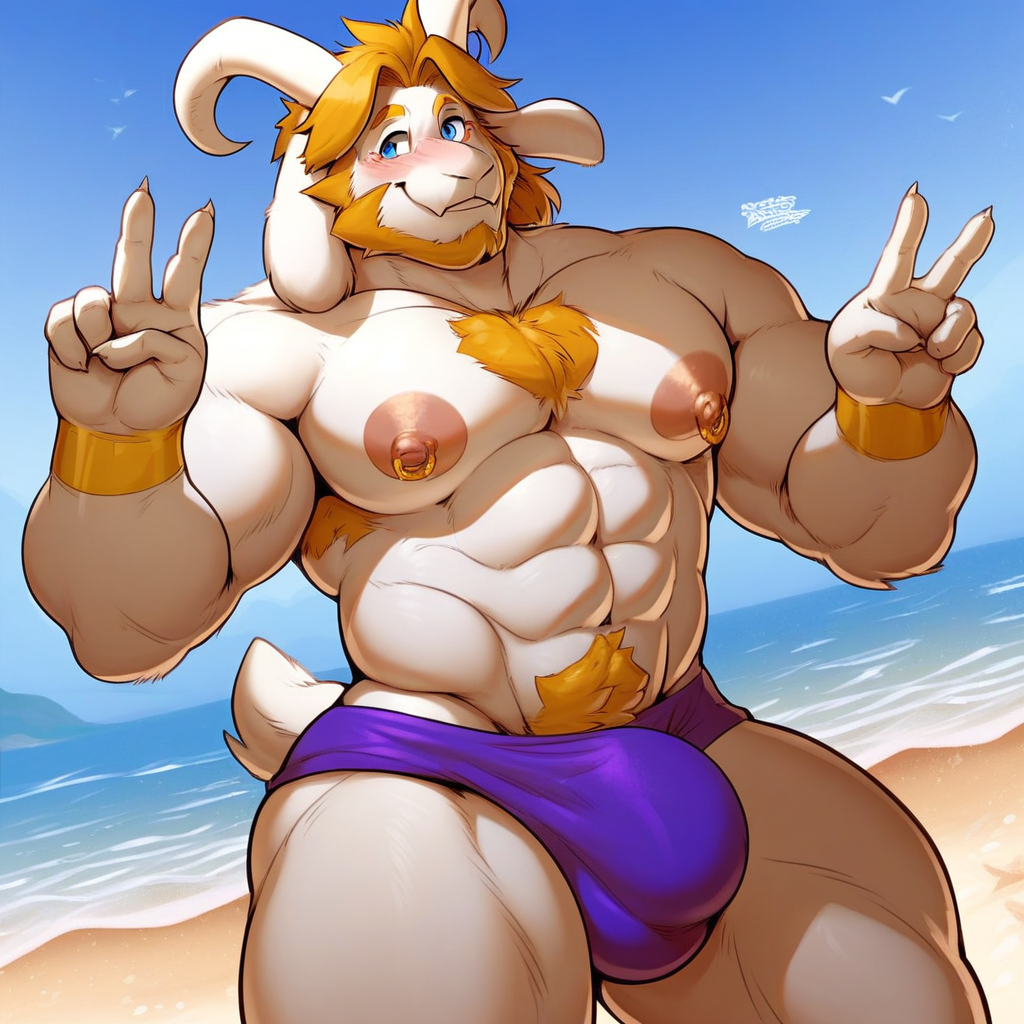furry, Asgore Dreemurr, goat boy, older, mature, cartoon style, 2d, male, thick thighs, blue eyes, wide hips, voluptuous, blushing, smiling softly, sexy, peace sign with left hand, standing, purple speedo, large bulge, topless, muscular male, abs, large pectorals, big nipples, gold nipple ring piercings, beach, solo, score_9, score_8_up, score_7_up, score_6_up, score_5_up, score_4_up,