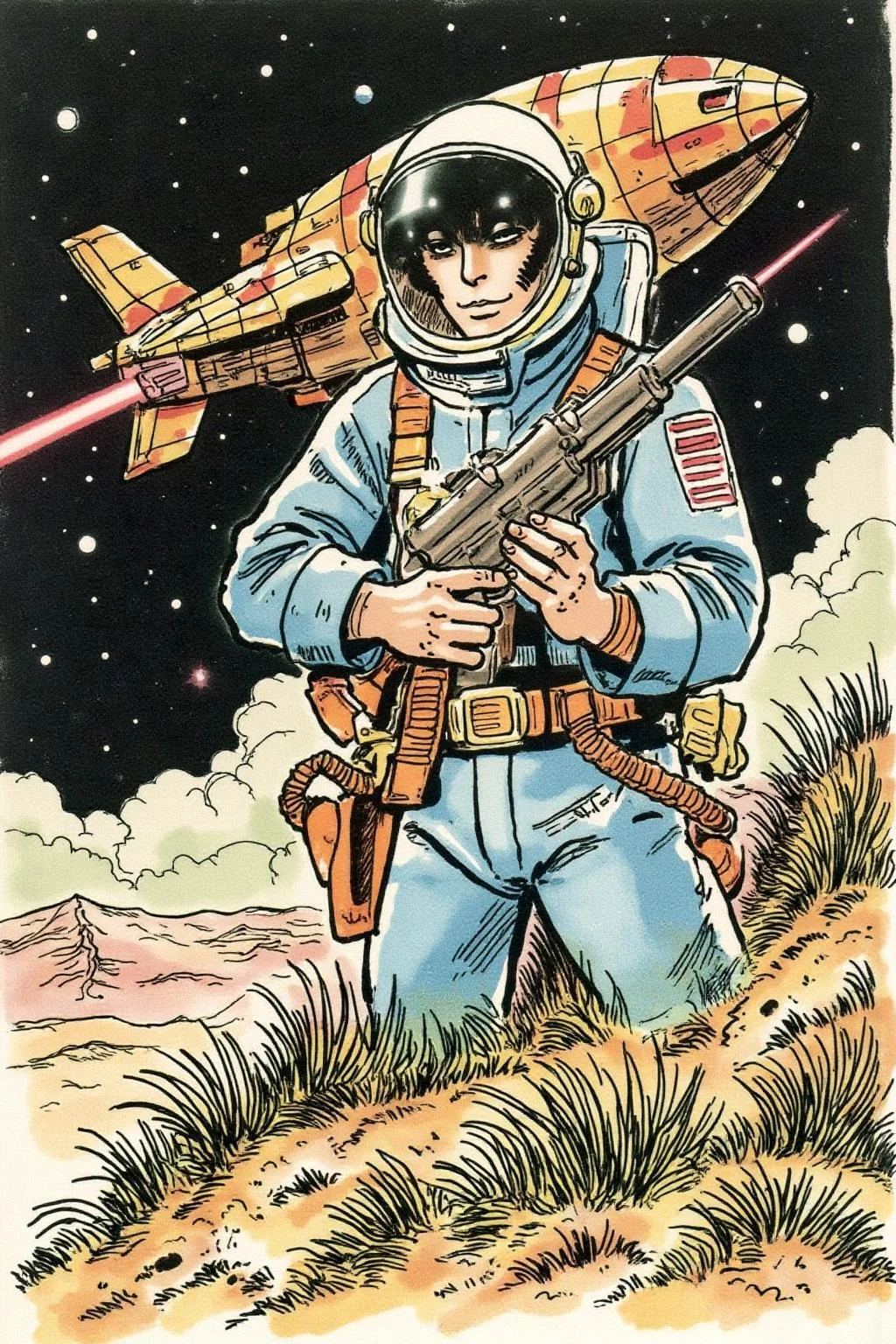 hugop1 illustration. A serene astronaut, holding a retro laser pistol, standing on an alien planet. A ancient spaceship is in the background. <lora:hugop1_cap_d6a3e12:0.9><lora:824415300553430659:0>