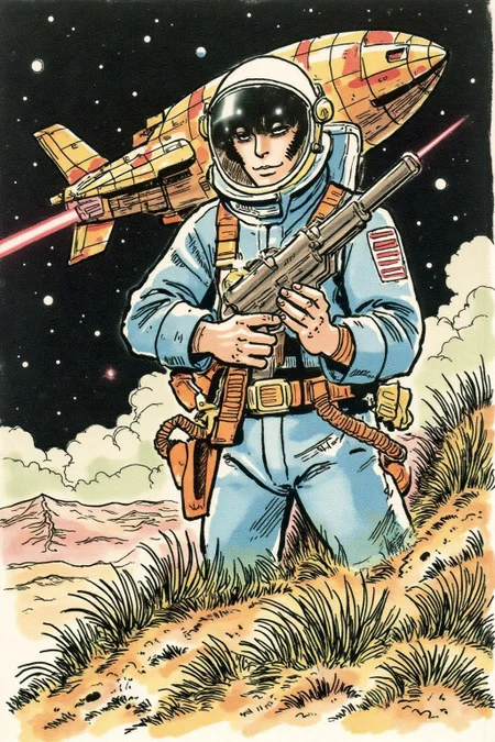hugop1 illustration. A serene astronaut, holding a retro laser pistol, standing on an alien planet. A ancient spaceship is in the background. <lora:hugop1_cap_d6a3e12:0.9><lora:824415300553430659:0>