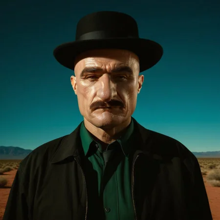 cinematic film still, saturated colors, negative space,
1 adult man,
(breaking bad style),
face of Walter White,
hat, moustache sunshades,
realmcvillager, bald head, humanoid, bald head, unibrow, big nose,
leading lines,
backdrop is CityBG_SDXL