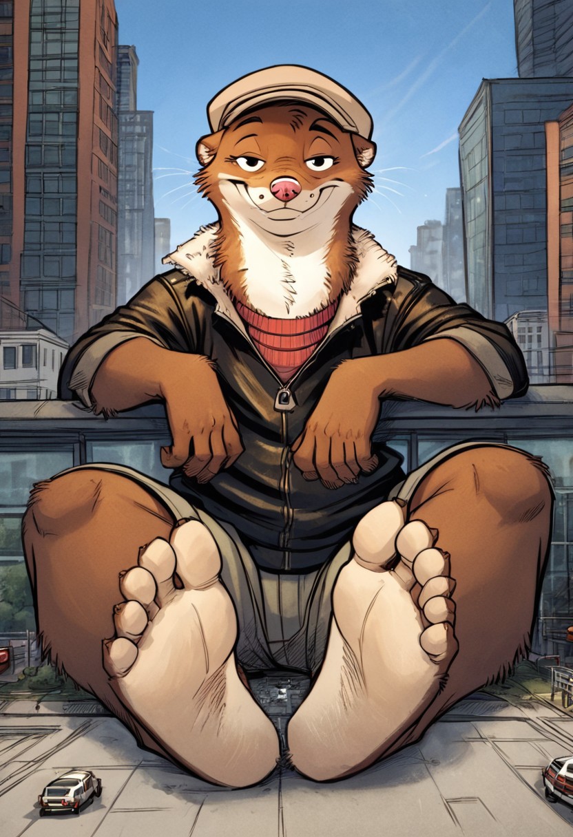 score_9, score_8_up, score_7_up, score_6_up, score_5_up, score_4_up, solo, source_furry, 1boy, city, smile, full body, seductive expression, solo, k-9
,
W33kly_BS, Weekly, Anthro Weasel, Lesser Weasel, brown weasel, brown fur, white chin, white neck, white inner ear, black eyebrows, black eyes, pink nose, whiskers, shortstack, tan hat, flat cap,  leather jacket, flight jacket, fleece collar, red sweater, khakis,
,
plantigrade, three toes, feet with three toes
,
(Sitting:1.4),  big feet, (macro, giant), looking at viewer, from below, feet focus, low-angle view, soles