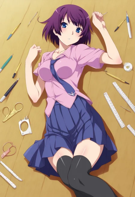 watanabe akio, senjougahara hitagi, monogatari (series), 1girl, armpits, banana peel, black thighhighs, blue eyes, blue necktie, blue skirt, blush, boxcutter, breasts, collarbone, eraser, feet out of frame, hand up, looking at viewer, lying, medium breasts, necktie, on back, on floor, parted lips, pen, pink shirt, pleated skirt, purple hair, ruler, scissors, shadow, shiny skin, shirt, short hair, short sleeves, sidelocks, skirt, sleeves rolled up, solo, stationery, thighhighs