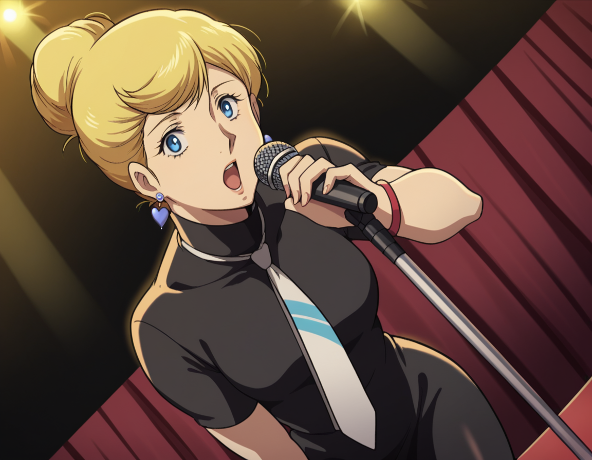 score_9, score_8_up, score_7_up, source_anime,
crowleyhamon, <lora:crowley-hamon-ova-ponyxl-lora-nochekaiser:0.7>,
crowley hamon, medium hair, blonde hair, blue eyes, hair over shoulder,
dress, jewelry, heart, pantyhose, earrings, necktie, hair bun, single hair bun, black dress, turtleneck, short sleeves,
stage, stage lights, microphone, microphone stand, singing, bent over, open mouth,
looking at viewer, cowboy shot, solo, dutch angle,