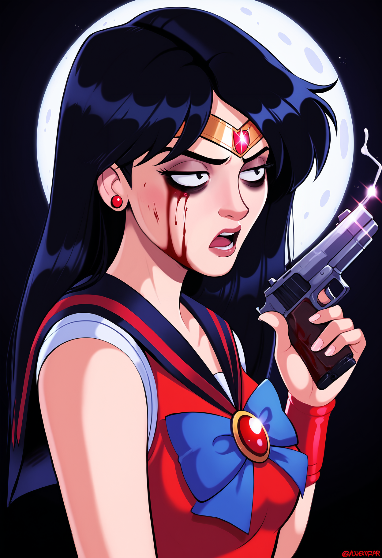 score_9,score_8_up,score_7_up,
BREAK
1girl, sailor mars, circlet, black hair, black eyes, looking away, tired, half-closed eyes, bags under eyes, sigh, open mouth, looking down, blood on face, blood splatter,
BREAK
solo, portrait, magical girl, red serafuku, from side, (holding gun, handgun:1.2), blood on weapon,
BREAK
black background, dynamic pose, dynamic angle, angled shot, <lora:Lunas-Shadman-SDXL-A2:1>