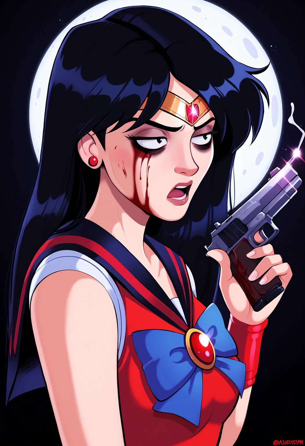 score_9,score_8_up,score_7_up,
BREAK
1girl, sailor mars, circlet, black hair, black eyes, looking away, tired, half-closed eyes, bags under eyes, sigh, open mouth, looking down, blood on face, blood splatter,
BREAK
solo, portrait, magical girl, red serafuku, from side, (holding gun, handgun:1.2), blood on weapon,
BREAK
black background, dynamic pose, dynamic angle, angled shot, <lora:Lunas-Shadman-SDXL-A2:1>