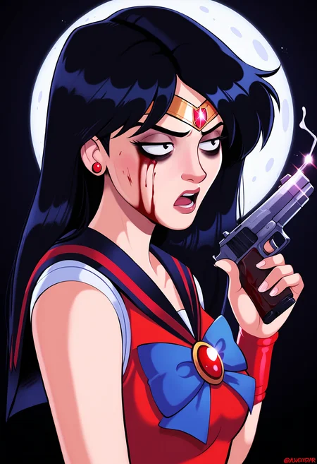 score_9,score_8_up,score_7_up,
BREAK
1girl, sailor mars, circlet, black hair, black eyes, looking away, tired, half-closed eyes, bags under eyes, sigh, open mouth, looking down, blood on face, blood splatter,
BREAK
solo, portrait, magical girl, red serafuku, from side, (holding gun, handgun:1.2), blood on weapon,
BREAK
black background, dynamic pose, dynamic angle, angled shot, <lora:Lunas-Shadman-SDXL-A2:1>
