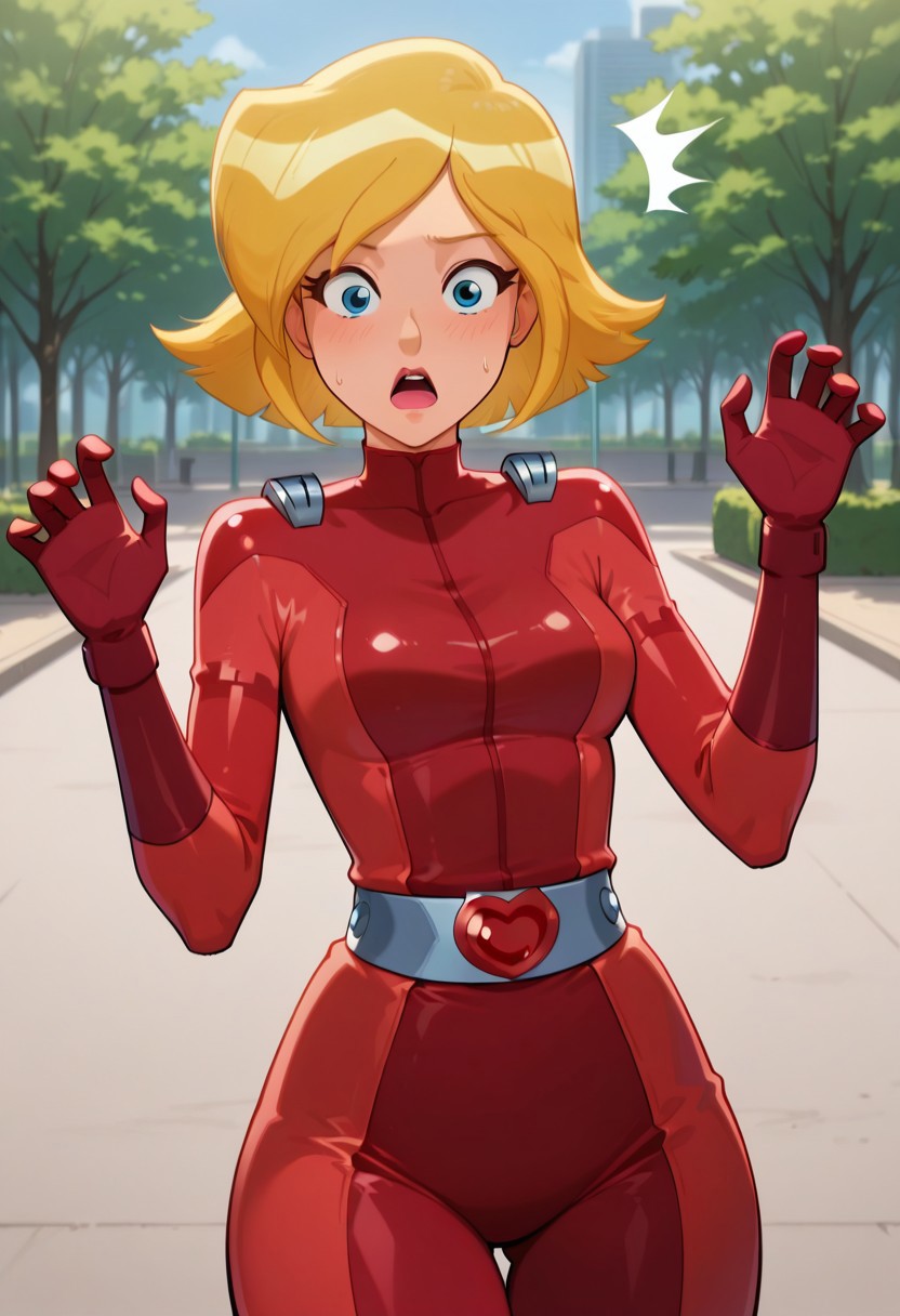 score_9, score_8_up, score_7_up, masterpiece, best quality, good quality, 1girl, solo, cartoon, totally_spies_2k24, cl0ver, blonde hair, blue eyes, red bodysuit, sexy body, medium breasts, narrow waist, wide hips, beautiful, detailed, high detailed, very beautiful, detailed face, detailed eyes, detailed hand, park, looking at viewer, surprised, surprised expression,
