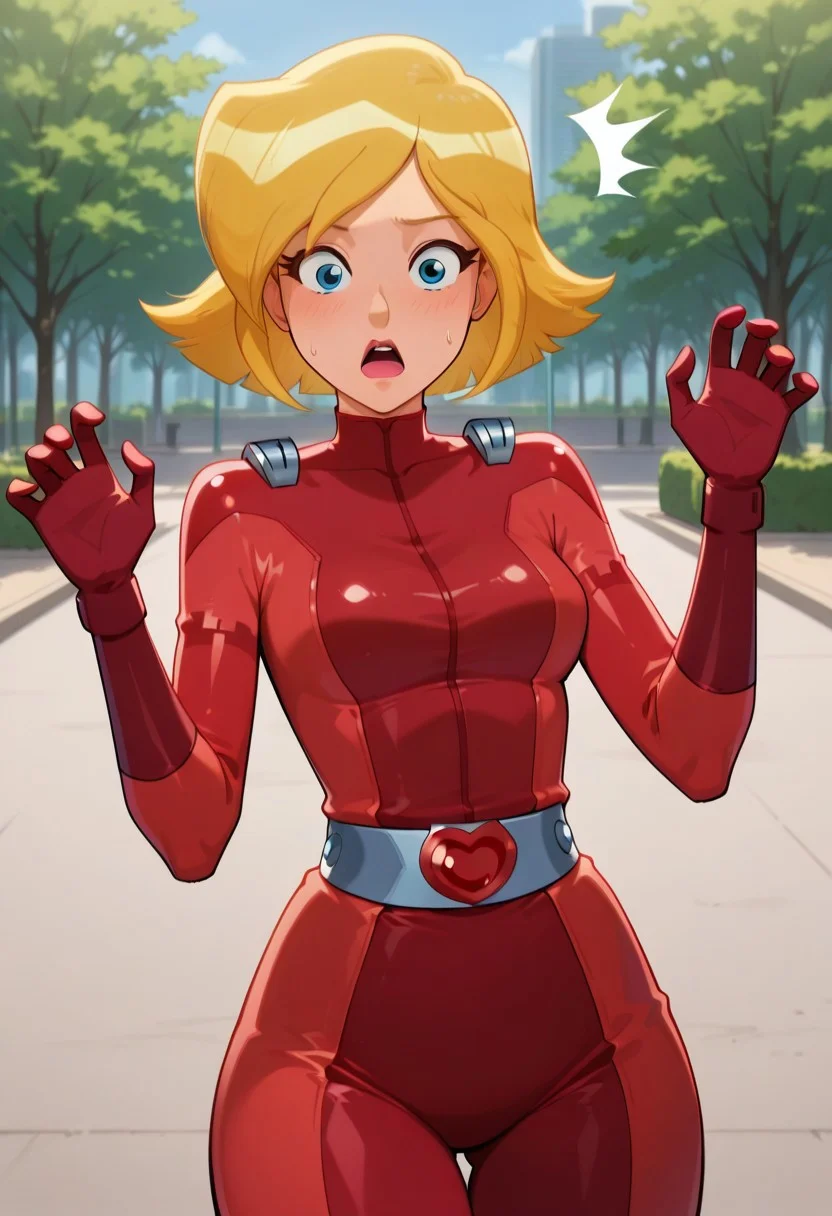 score_9, score_8_up, score_7_up, masterpiece, best quality, good quality, 1girl, solo, cartoon, totally_spies_2k24, cl0ver, blonde hair, blue eyes, red bodysuit, sexy body, medium breasts, narrow waist, wide hips, beautiful, detailed, high detailed, very beautiful, detailed face, detailed eyes, detailed hand, park, looking at viewer, surprised, surprised expression,