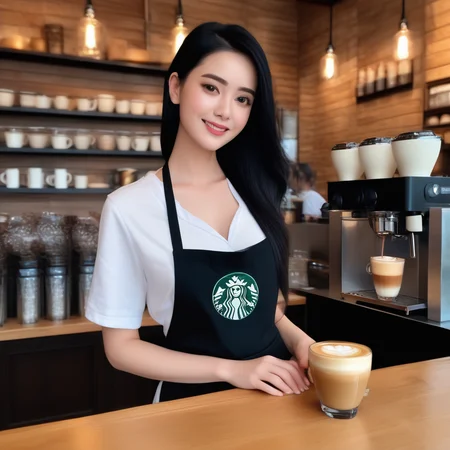 (masterpiece:1.2),1girl,pale_skin,realistic skin,large breasts,facing viewer,looking at viewer,A skilled barista wearing a stylish apron over a casual tee,crafting the perfect latte art in a cozy coffee shop,medium breast,vibrant colors,black hair,smile,masterpiece,best quality,
<lora:SDXL harry_potter_v1 CF txt:1>,, masterpiece, best quality,