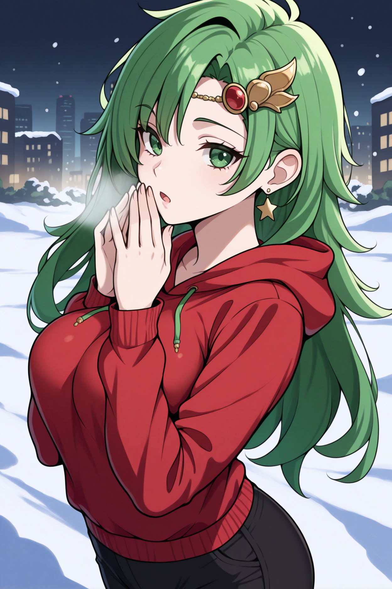 masterpiece, best quality, 1girl, solo <lora:ffrydia-illu-nvwls-v1-000006:1> ryd1a, green hair, long hair, circlet, star earrings, hair ornament, green eyes, red hoodie, black pants, cold, hands to mouth, breasts, looking at viewer, bored, open mouth, snow, city