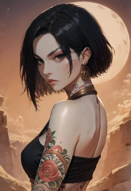 score_9, score_8_up, score_7_up, high detailed, high quality, masterpiece, no text, quality highlights, 8k detail, detailed background, source_anime, dynamic view, hentai, ultra-detailed, BREAK
1girl, (((solo_girl))), female focus, expressiveh, (((white skin color))), (((black hair))), black eyes, big eyes, detailed face, short hair, (((arabic dance costume))), (black costume), gold jewelry, (big earrings), ((fully tattooed body)), ((tattooed legs)), ((tattooed neck)), ((tattooed belly)), ((black tattoos)), ((tribal tattoos)), perfect slender body, natural tits, wet body, (serious face), ((incredibly sexy)), (focus on face), (looking at viewer), (side view), sexy pose, close-up, BREAK
outdoors, sand, night, desert,