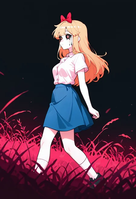 masterpiece, best quality, amazing quality, very aesthetic, absurdres, newest, detailed background, foreground blur, (( cartoon,  )),
elizabafton, 1girl, red bow , hair bow, long hair,  blonde ginger, hair, , short sleeves, bright hot pink buttoned shirt, blue skirt, medium breasts, short skirt, long white socks, loose shirt, 
black sclera, black tears, black tear marks, black tears down cheeks, monochrome, red grass, black sky, no trees, tall red grass, walking,