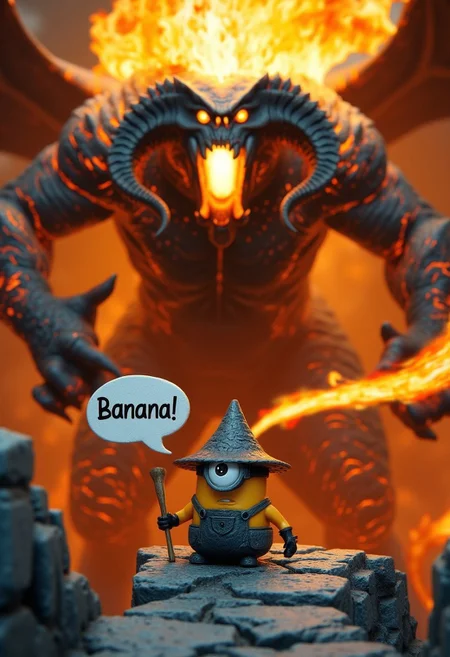 A tiny one-eyed Minion from Despicable Me stands on a crumbling stone bridge, near a towering, fiery Balrog. The Minion, wearing a grey wizard hat, holds a tiny wooden stick and shouts 'Banana!' The Balrog looms over, wielding a flaming whip, in a lava-filled, epic Lord of the Rings setting