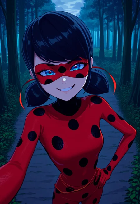 bright colors, detailed background,, volumetric light, vivid colours, standing,
looking at viewer, outdoors, overcast, dark, forest, vines, ponypositive, solo, solo focus, open hands on hip, single eyebrow lifted, smirk,
Miraculous, red suit with black spots all over her body, red mask covering her eyes, shoulder-length black hair with blue reflections tied back in pigtails, bright bluebell eyes,
Smooth Quality,
best quality, hyper detailed, ambient stylish expressive lighting, absolutely eye-catching masterpiece, body extremely close-up view, (facing viewer), forward, face extremely close-up shot, chest focus, selfie,