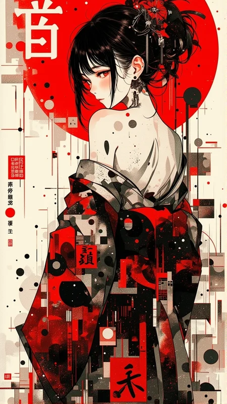 poster art. stunning beauty japanese woman. Girl poses looking back. ink, abstract, punk collage, (random textures, random graffiti, kanji characters, glitch effect:1.2). surrealism, Expressionism. Impermanence. (intricate details, masterpiece, best quality:1.1). full  body, red and black color palette. soft lighting. by Franz Marc and Max Ernst. lyh_niji.