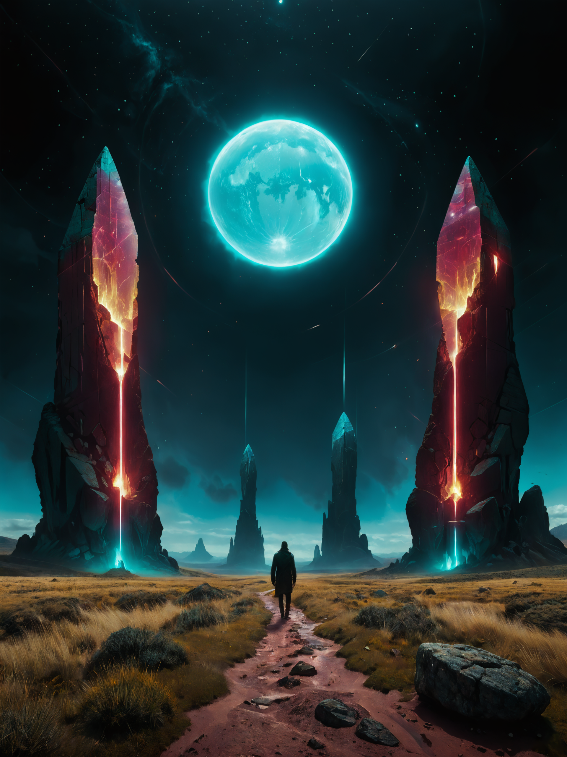 <lora:more_artful-xl:0.8> <lora:add-detail-xl:2.4> <lora:style-matte_black_contrast-xl-v3-by_tijuanaslumlord:0.6> <lora:style-glowing_neon-xl-by_cybernella:0.8> <lora:envybetterhiresfixxl01-xl:0.0:hr=1.0> (vertical symmetry:1.4), vntblk, movie poster art, [night, stonehenge, (moon:0.6), intricately flowing light strands:famous artwork by (maurice sapiro:1.3) and (raphael:1.3), (artifact:1.3), ominous dark (cryptic and sublime:1.2) landscape with towering (obelisks:1.5) standing in a straight line, glowing ornate lovecraftian artifact, jagged rock formations, night sky, mysterious, ethereal, deserted, dark corners, (teal:1.4), (burgundy:1.2), (aubergine:0.8), (anthrazit grey:1.2):14], ultra detailed