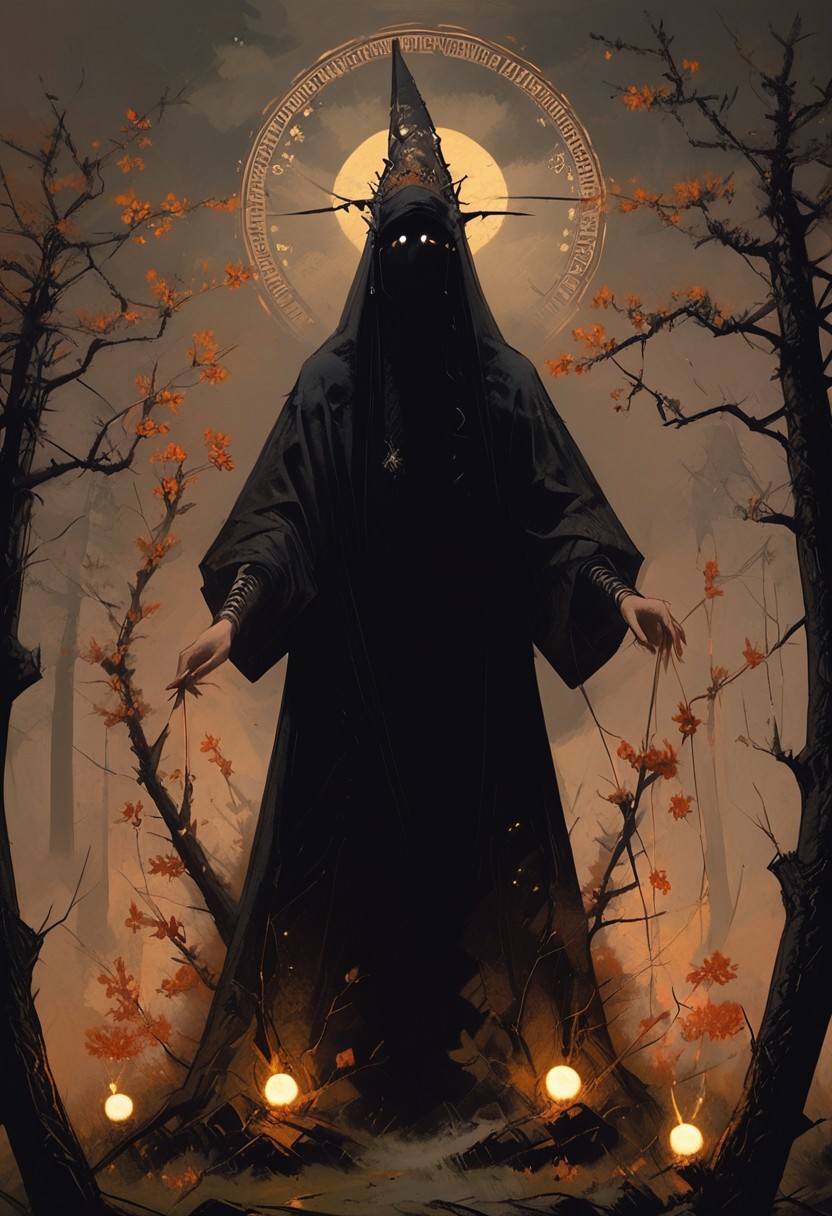 ((score_9, score_8_up, score_7_up)), HMstyle,
Moloch's Envoy, a fearsome figure, standing at the center of a ritual circle in a forest clearing, lit by a ring of fire. The sky above is a whirlpool of dark clouds, with a single, piercing star providing a natural spotlight. Surrounding trees are gnarled and twisted, their branches reaching towards the sky as if in supplication., 
in the style of a vintage, high-contrast setting, capture the essence of a campy and sensual satanic ritual. Emphasize theatrical elements with bursts of bright colors against dark, moody backgrounds