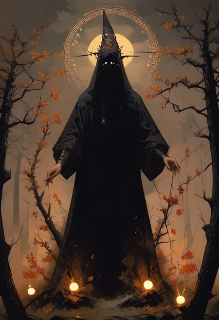 ((score_9, score_8_up, score_7_up)), HMstyle,
Moloch's Envoy, a fearsome figure, standing at the center of a ritual circle in a forest clearing, lit by a ring of fire. The sky above is a whirlpool of dark clouds, with a single, piercing star providing a natural spotlight. Surrounding trees are gnarled and twisted, their branches reaching towards the sky as if in supplication.,
in the style of a vintage, high-contrast setting, capture the essence of a campy and sensual satanic ritual. Emphasize theatrical elements with bursts of bright colors against dark, moody backgrounds