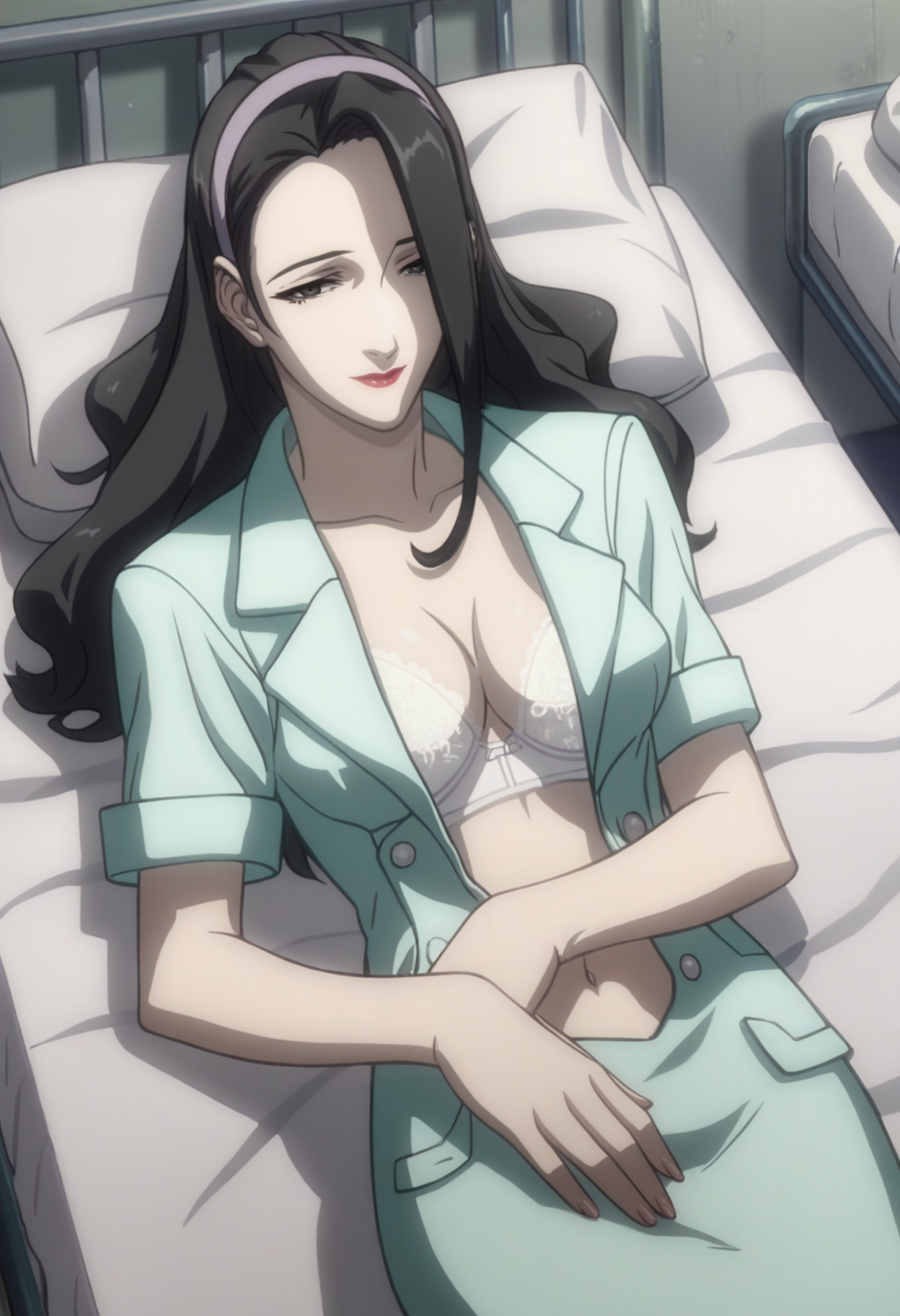 score_9, score_8_up, score_7_up, score_6_up, anime screencap, anime coloring, <lora:Marnie_epoch_9:0.9>, Marnie, 1girl, solo, black hair, long hair, black eyes, hairband, lipstick, 
nurse, white pantyhose,
lying on side, seductive smile, looking at viewer, lying, open clothes, white bra, lace bra, navel, center opening, 
BREAK indoors, hospital bed,