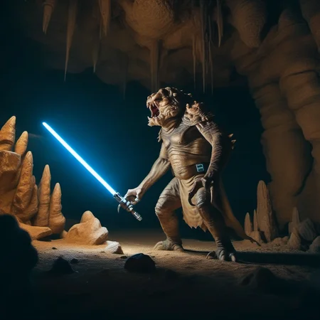 cinematic photo a full body portrait monster, claws, sharp teeth, cave, chains, a jedi with an energy saber <lora:Rancor1024:0.8> . 35mm photograph, film, bokeh, professional, 4k, highly detailed