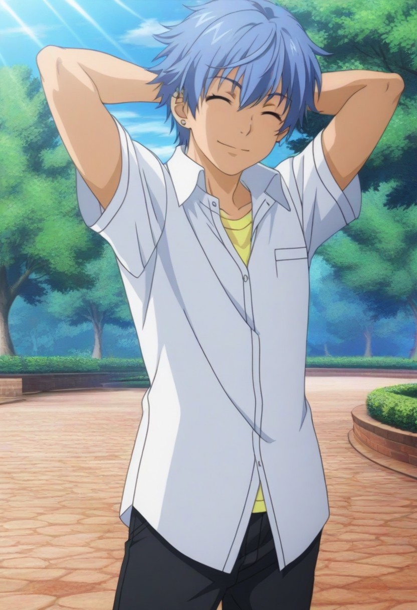 Anime, anime screencap, anime coloring, official art, ((1male only, 1boy only, male focus, one male character only, single male character only, single illustration only)), bishonen, handsome, attractive, cute, sexy, good-looking, tall body, tall height, lean figure, toned fit body, slim, Pierce Aogami, blue hair, closed eyes, ear piercings, white collared shirt, yellow undershirt, untucked shirt, short sleeves, black pants, cowboy shot, head to hips shot, happy, smile, hands behind head, park, tree, sunrays, blue sky, brick pavement