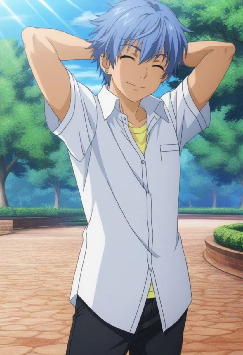 Anime, anime screencap, anime coloring, official art, ((1male only, 1boy only, male focus, one male character only, single male character only, single illustration only)), bishonen, handsome, attractive, cute, sexy, good-looking, tall body, tall height, lean figure, toned fit body, slim, Pierce Aogami, blue hair, closed eyes, ear piercings, white collared shirt, yellow undershirt, untucked shirt, short sleeves, black pants, cowboy shot, head to hips shot, happy, smile, hands behind head, park, tree, sunrays, blue sky, brick pavement