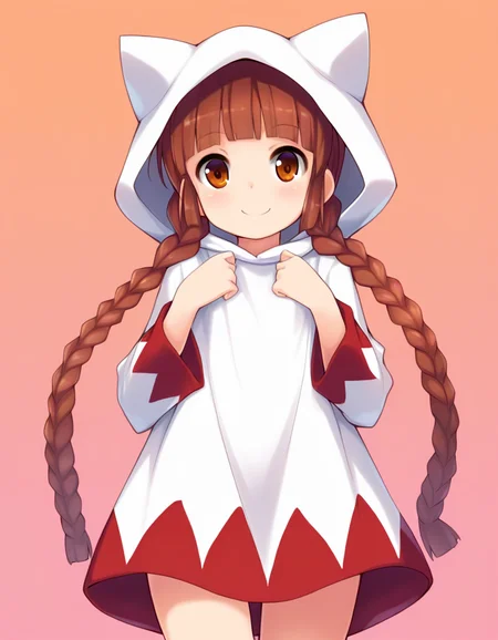 <lora:Grgrkukuri_SDXL_Illustrious01_fp16_ver01:1>,Grgrkukuri,1girl,solo,  blunt bangs,braid, brown eyes, twin braids,brown hair,white mage, smile,cowboy shot, cat hood, masterpiece, best quality, very aesthetic, absurdres,<lora:detailed_hands:1>,hand