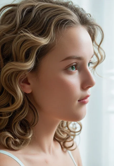 score_9, score_8, score_7, score_6, highres, high-quality, 8k, 4k, raw, Emily Grace Thompson face, Emily Grace Thompson chin, Emily Grace Thompson, forehead, curly hair, green iris, green eyes, light brown hair, cheek soft wrinkles, looking right, look away, profile