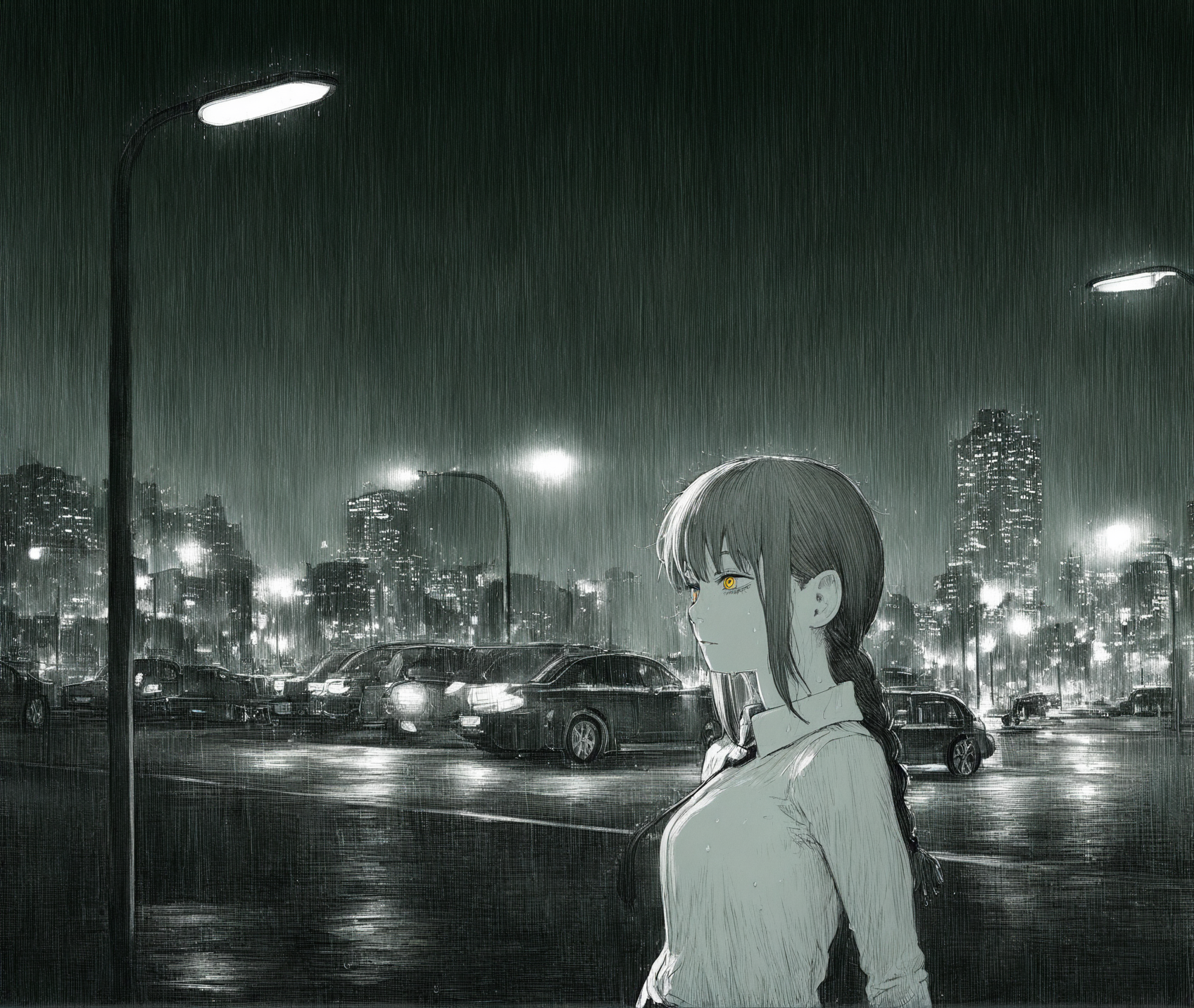 monochrome,greyscale,(traditional media:0.7),graphite \(medium\),hatching \(texture\),
night,lamppost,dark,lights,light,road,city lights,sky,glowing,building,car,night sky,bridge,top light,upper body,rain,rain drop,arms support,(lens flare:1.1),
masterpiece,best quality,amazing quality,very aesthetic,highres,absurdres,(green theme:1.2),
1girl,solo,messy hair,white shirt,cool girl,makima \(chainsaw man\),red hair,single braid,yellow eyes,
<lora:lookback-noob10-v2:0.8>,