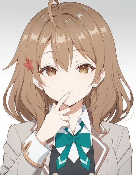 score_9, score_8_up, score_7_up, source_anime, BREAK
1girl, solo, looking at viewer, upper body, gradient background, portrait, front view, smile, hand to mouth,
maria mikhailovna kujou, medium hair, brown hair, ahoge, hair between eyes, hair ornament, brown eyes,
school uniform, grey jacket, open jacket, long sleeves, green bowtie, white shirt, collared shirt, black vest, buttons,
<lora:maria_mikhailovna_kujou_anime-soralz:1>