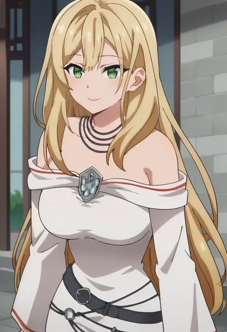 <lora:Lyra:0.9> Lyra, 1girl, green eyes, blonde hair, solo, jewelry, long hair, large breasts,hair between eyes, white dress, bare shoulders, necklace, off-shoulder dress, long sleeves, belt , looking at viewer, smile, score_9, score_7_up,anime coloring ,source_anime, anime, anime screencap