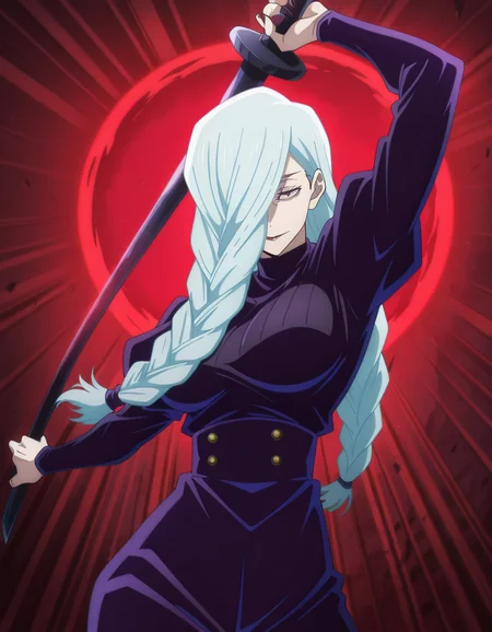 masterpiece, best quality, amazing quality,, <lora:mei-mei-s2-illustriousxl-lora-nochekaiser:1>, mei mei, mei mei (jujutsu kaisen), long hair, very long hair, braid, hair over one eye, braided ponytail, one eye covered, braided bangs, purple eyes, mature female, breasts, anime screencap, <lora:dynamic-pose-illustriousxl-lora-nochekaiser:1>, dynamic pose, holding weapon, weapon, holding, cowboy shot, , ,
