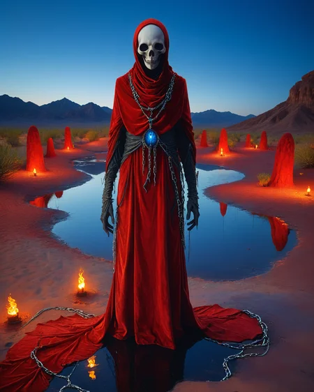 hooded human lich standing at a desert oasis, red velvet, chains, water, reflections, blue hour, scarlet, intense colors, high contrast,
facing camera, (intense colors:1.7), <lora:add-detail-xl:1.0>,  <lora:xl_more_art-full_v1:0.4>,  <lora:XSfenlie:1> fenliexl, <lora:lora:1>, realistic photo