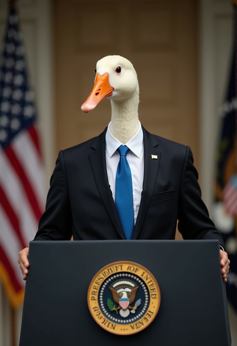 A white goose dressed like the President of the United States, wearing a black suit with a blue tie, standing at a podium delivering a speech, the podium has the Seal of the President of the United States, Goose Photo Bomb