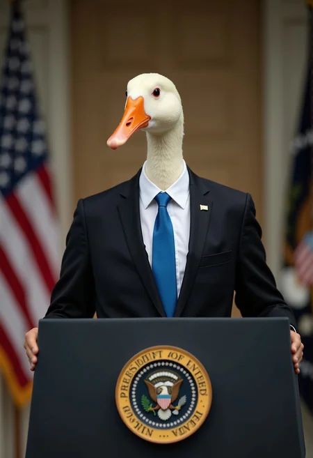 A white goose dressed like the President of the United States, wearing a black suit with a blue tie, standing at a podium delivering a speech, the podium has the Seal of the President of the United States, Goose Photo Bomb