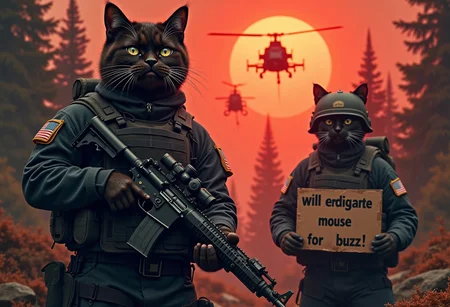 a realistic poster about rat invasion into a cat world, A realistic picture of aquad cat army operator standing ready for battle, one of them holding a cardboard sign that reads "will eradicate mouse for buzz!". the other Black cat operator standing holding assault rifle, with modern army black tactical suit, Overhead shot of the iconic black Grumpy Cat reimagined as a battle-hardened American on prone in the ruined city in . Orange Cat, dressed in rugged military gear with a tactical helmet with open mouth shouting "For buzz!!" , holds a modern sniper rifle with a determined yet perpetually unimpressed expression. The ruined city after war around him is dark and foreboding, with thick foliage, towering ruined building after heavy war, and a misty atmosphere that hints at the dangers lurking within. In the background, black hawk helicopter soar above the treetops, their silhouettes barely visible through the smoky, war-torn red sky at Sunset. mouth is wide open, clearly shouting:
