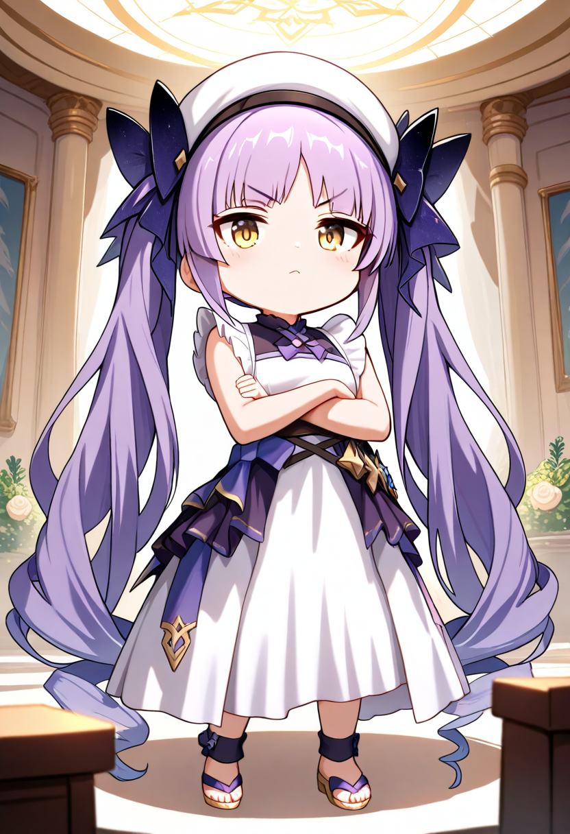 masterpiece,high score,great score,absurdres,<lora:ani40_stabilizer_v0.1:0.8>,<lora:Kyouka_ani4_xl_v1-000014:0.8>,(chibi),kyouka \(princess connect!\),1girl,solo,white dress,very long hair,purple hair,twintails,yellow eyes,standing,crossed arms,frills,looking at viewer,white headwear,