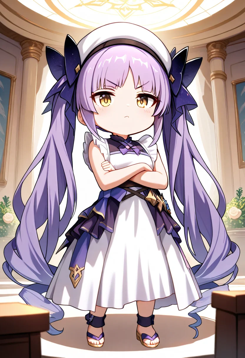 masterpiece,high score,great score,absurdres,<lora:ani40_stabilizer_v0.1:0.8>,<lora:Kyouka_ani4_xl_v1-000014:0.8>,(chibi),kyouka \(princess connect!\),1girl,solo,white dress,very long hair,purple hair,twintails,yellow eyes,standing,crossed arms,frills,looking at viewer,white headwear,